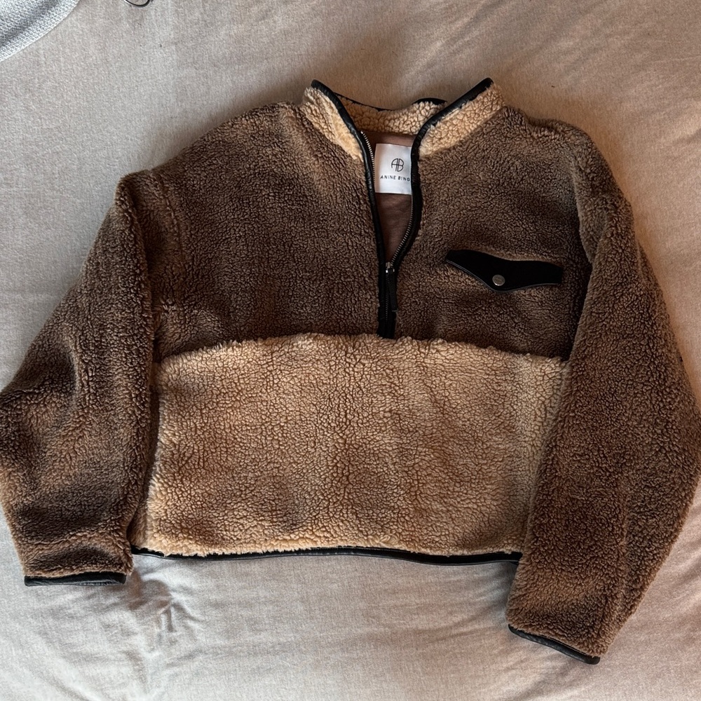 Anine Bing Brown and Tan Sherpa cropped Pullover